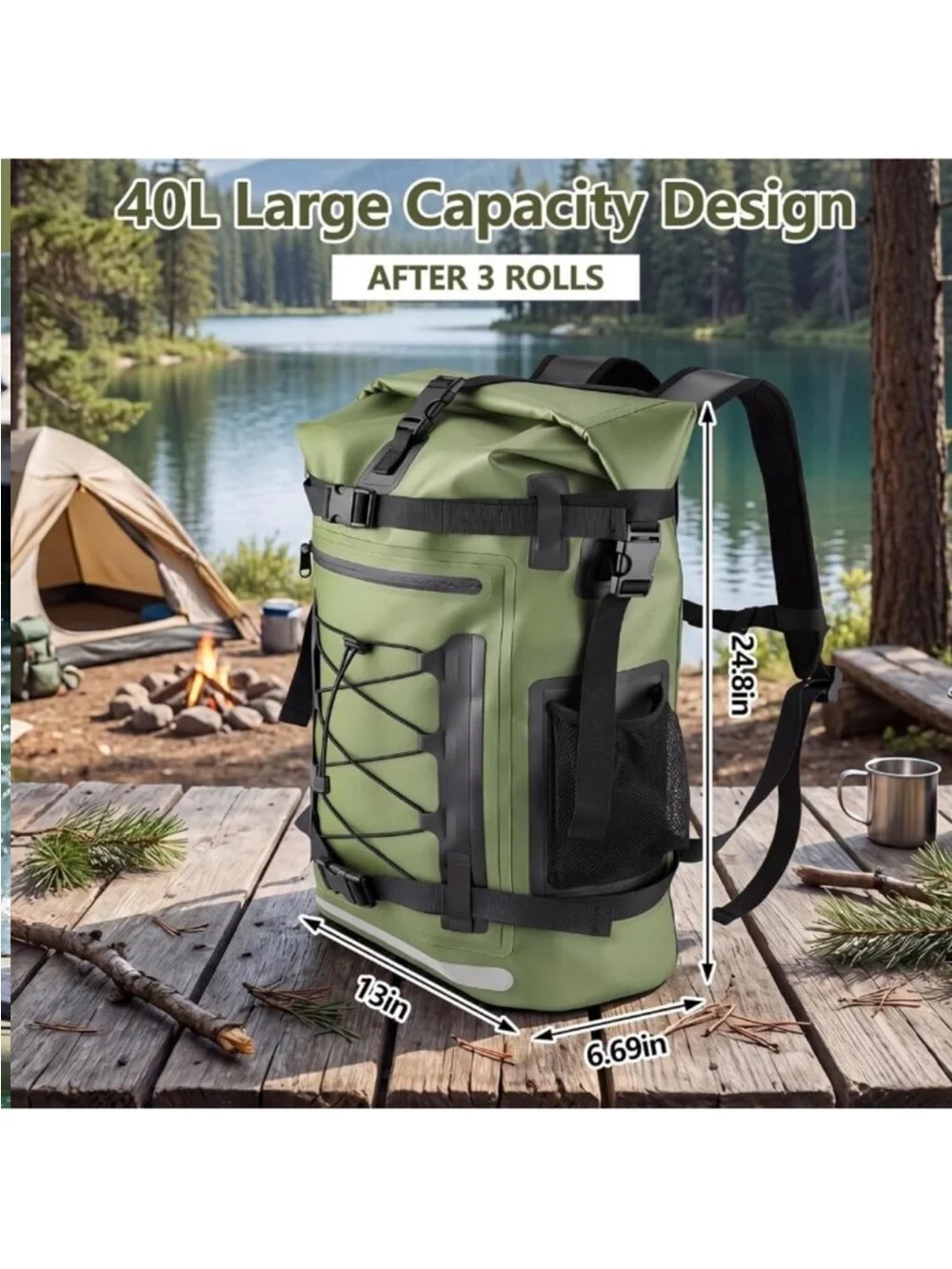 40L Waterproof Hiking Backpack - Heavy Duty Dry Bag with Roll-Top & Reflective